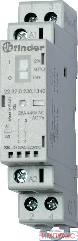 Контактор модульный 1NO + 1NC 25А AgSnO2 24В AC/DC 17.5мм IP20 опции: мех. индикатор + LED FINDER 223200244520