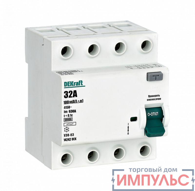 Выключатель дифференциального тока (УЗО) 4п 32А 100мА тип AC 6кА УЗО-03 DEKraft 14242DEK
