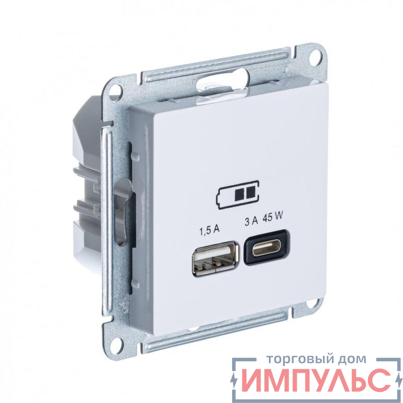 Розетка USB AtlasDesign тип A+C 45Вт QC PD высокоскор. ЗУ механизм бел. SE ATN000129