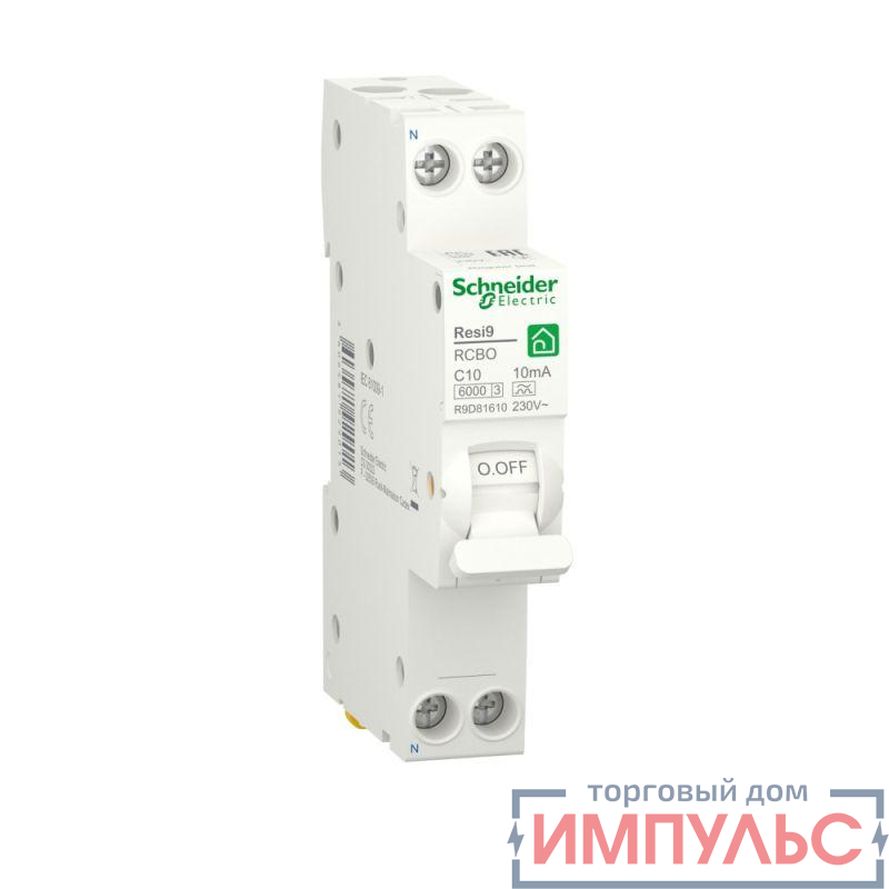Выключатель автоматический дифференциального тока (ДИФ) RESI9 1P+N С 10А 6000А 10мА 18мм тип A SchE R9D81610