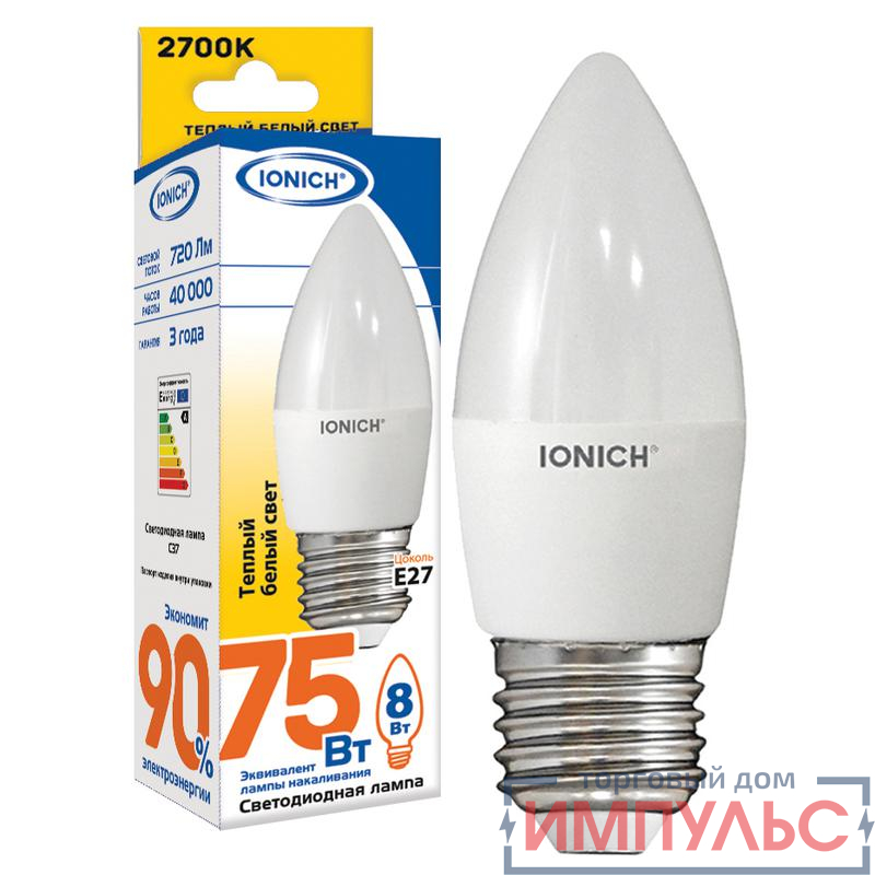 Лампа светодиодная ILED-SMD2835-C37-8-720-220-2.7-E27 (1304) IONICH 1537