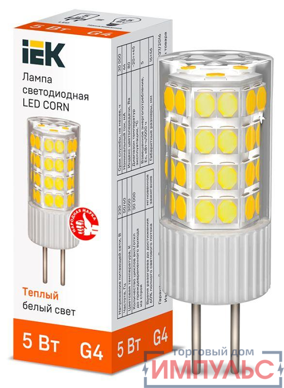 Лампа светодиодная CORN 5Вт капсула 3000К G4 230В керамика IEK LLE-CORN-5-230-30-G4