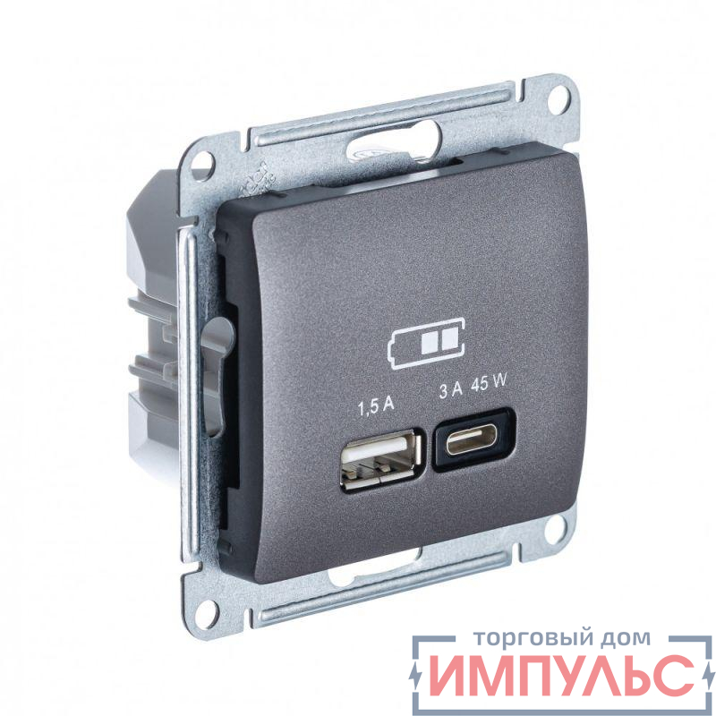 Розетка USB Glossa тип A+C 45Вт QC PD высокоскор. ЗУ механизм графит SE GSL001329