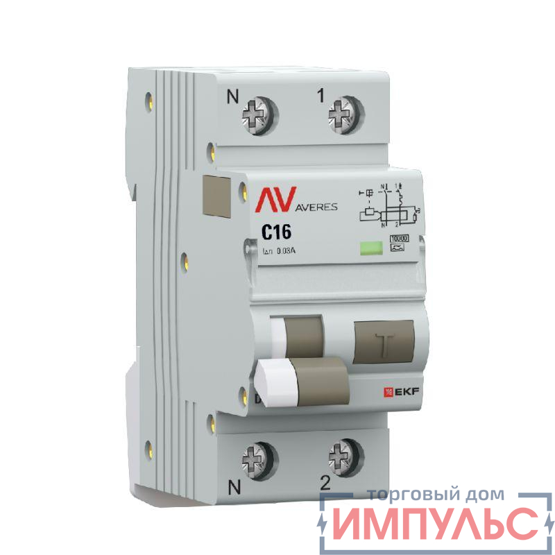 Выключатель автоматический дифференциального тока 2п (1P+N) C 16А 30мА тип A 10кА DVA-10 AVERES EKF rcbo10-1pn-16C-30-a-av