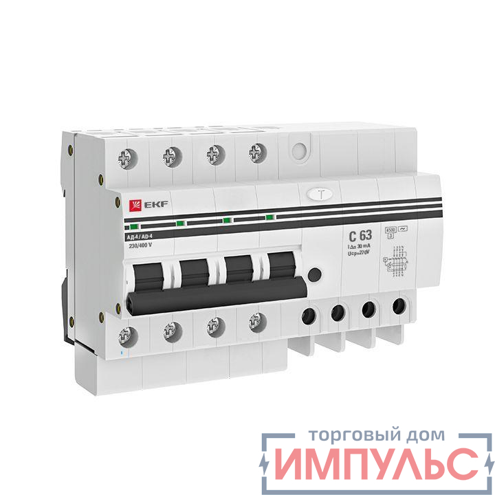 Выключатель автоматический дифференциального тока 4п 7.5мод. C 63А 30мА тип AC 4.5кА АД-4 PROxima EKF DA4-63-30-pro