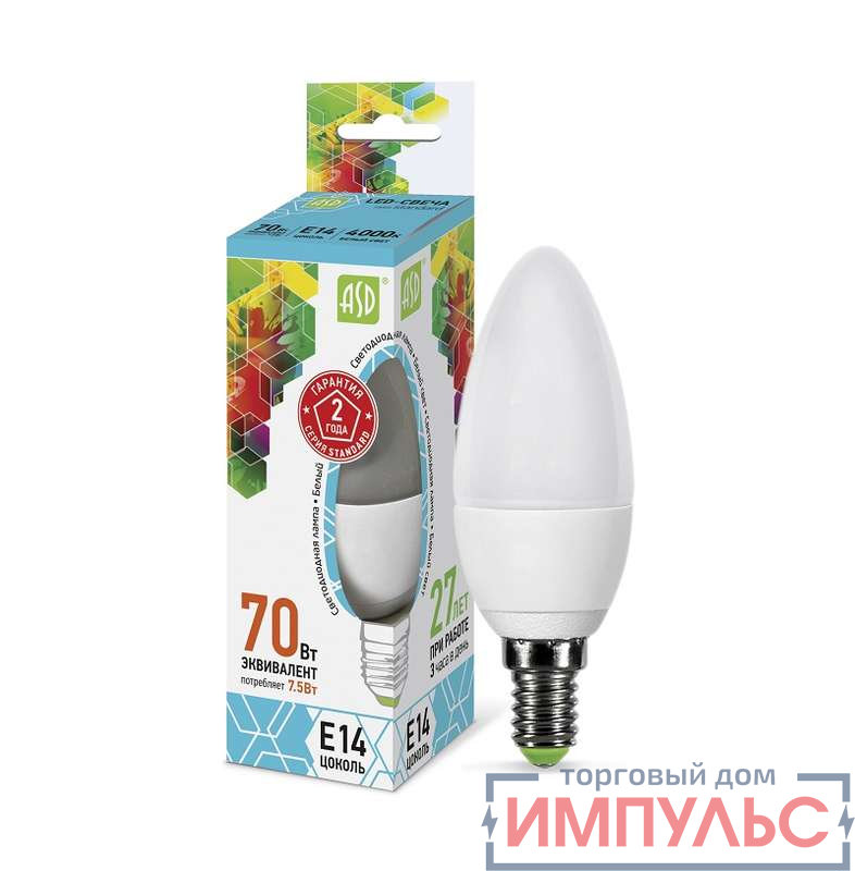 Лампа светодиодная LED-СВЕЧА-standard 7.5Вт СВЕЧА 4000К бел. E14 675лм 160-260В ASD 4690612003931