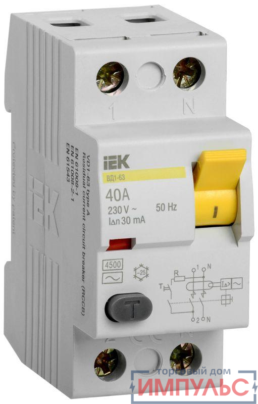Выключатель дифференциального тока (УЗО) 2п 40А 30мА тип AC ВД1-63 IEK MDV10-2-040-030