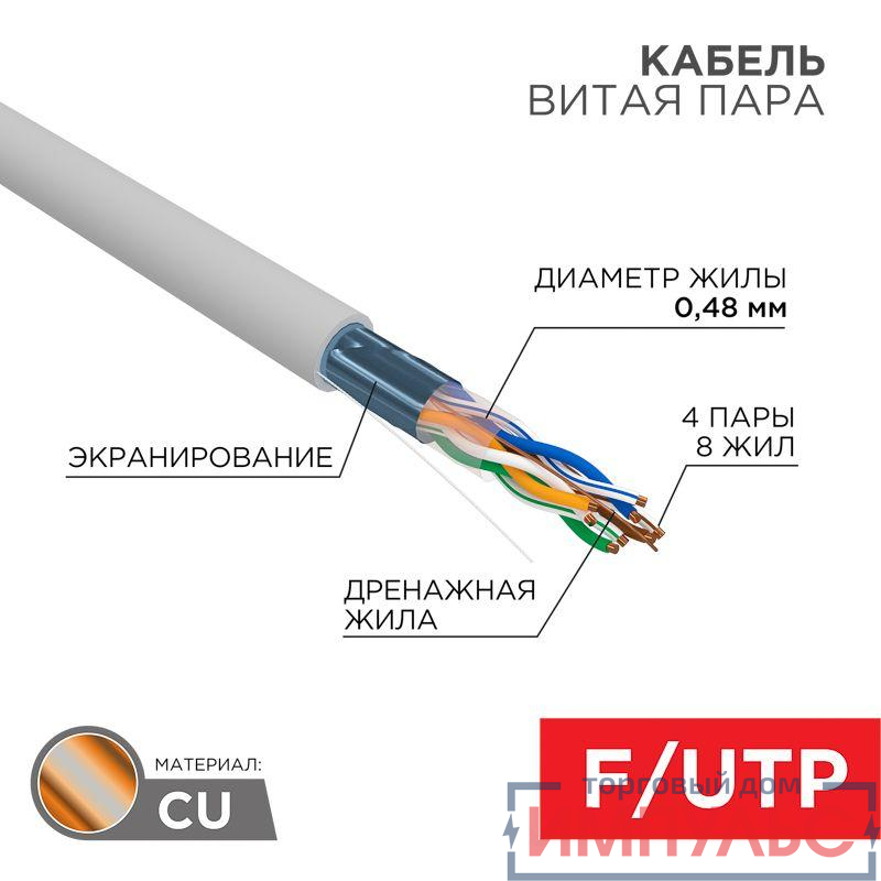 Кабель витая пара F/UTP кат.5e 4х2х24AWG solid PVC INDOOR медь сер. (м) PROCONNECT 01-0152