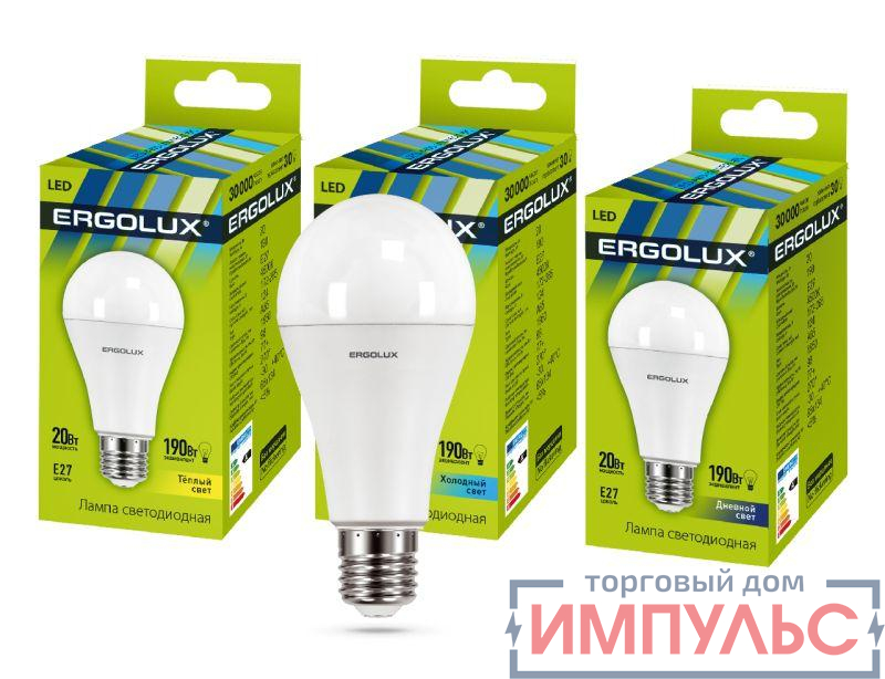 Лампа светодиодная LED-A65-20W-E27-6К ЛОН 20Вт E27 6500К 172-265В Ergolux 13184