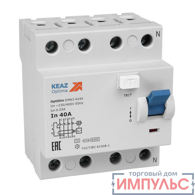 Выключатель дифференциального тока (УЗО) 4п 100А 100мА тип AC OptiDin DМ63-43100-AС УХЛ4 КЭАЗ 254232
