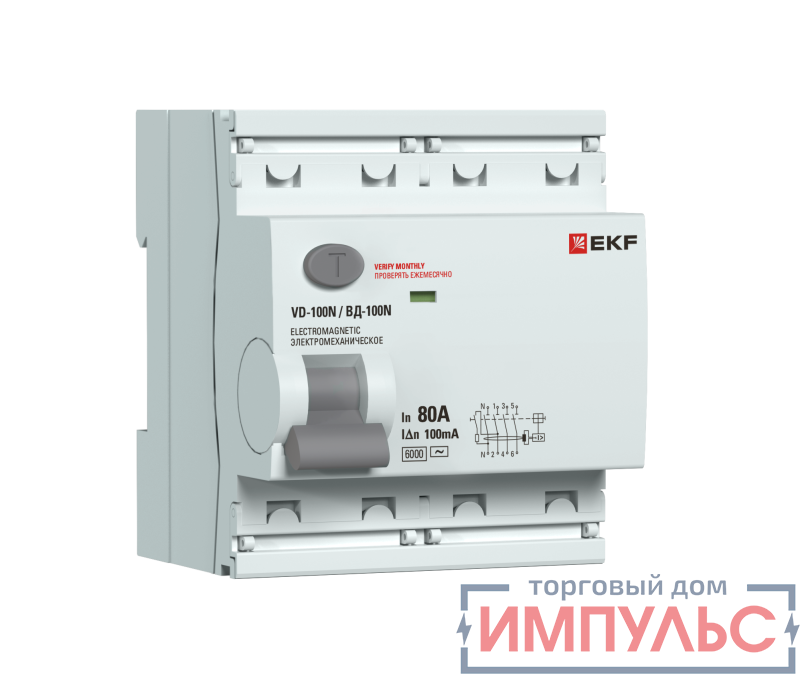 Выключатель дифференциального тока 4п 80А 100мА тип A 6кА ВД-100N электромех. PROxima EKF E1046MA80100