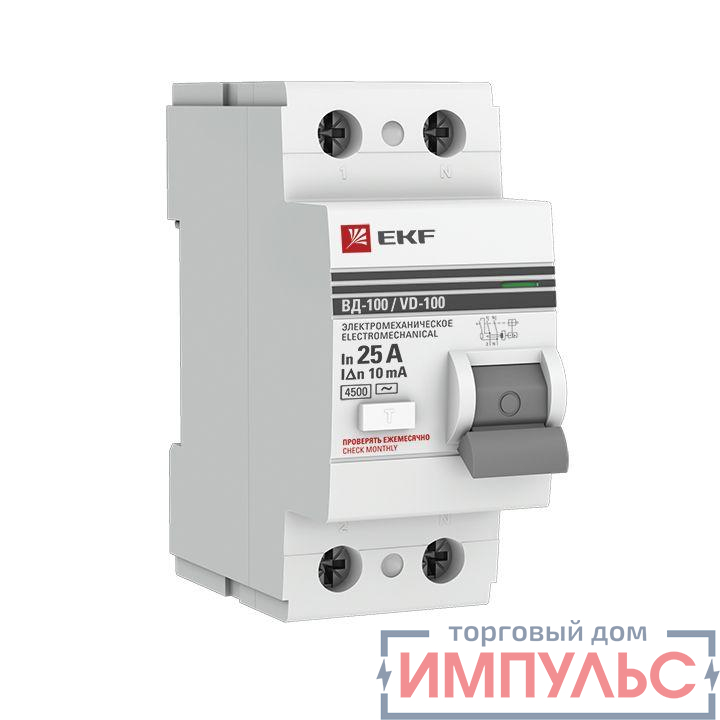 Выключатель дифференциального тока (УЗО) 2п 25А 10мА тип AC ВД-100 (электромех.) PROxima EKF elcb-2-25-10-em-pro