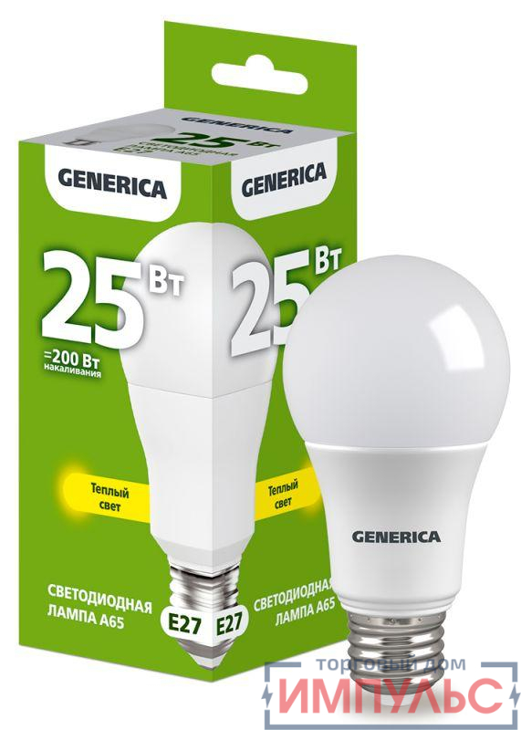 Лампа светодиодная A65 25Вт грушевидная 3000К E27 230В GENERICA LL-A65-25-230-30-E27-G