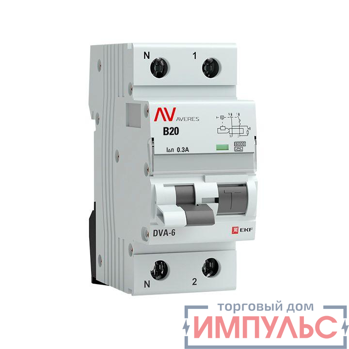 Выключатель автоматический дифференциального тока 2п (1P+N) B 20А 300мА тип A 6кА DVA-6 Averes EKF rcbo6-1pn-20B-300-a-av