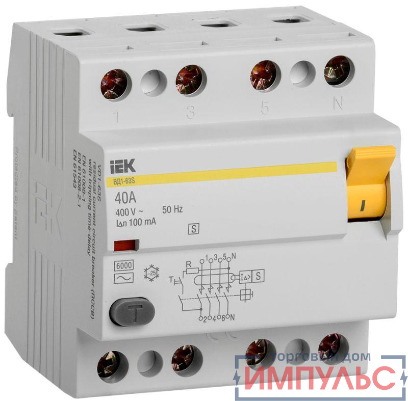 Выключатель дифференциального тока (УЗО) 4п 40А 100мА тип ACS ВД1-63S IEK MDV12-4-040-100
