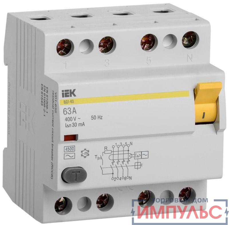 Выключатель дифференциального тока (УЗО) 4п 63А 30мА тип AC ВД1-63 IEK MDV10-4-063-030