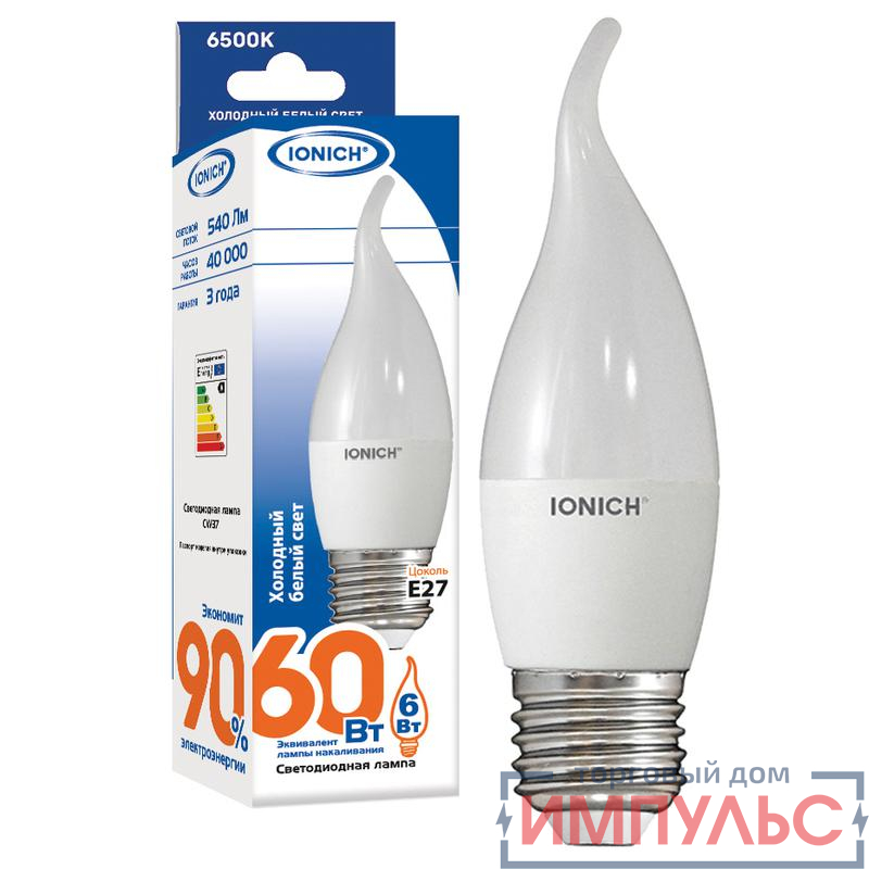Лампа светодиодная ILED-SMD2835-CW37-6-540-220-6.5-E27 6Вт свеча на ветру 6500К холод. бел. E27 540лм 230-240В IONICH 1541