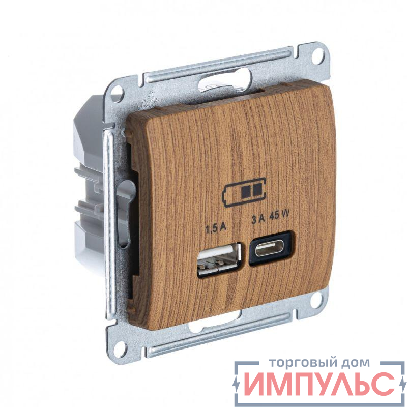Розетка USB Glossa тип A+C 45Вт QC PD высокоскор. ЗУ механизм дерево дуб SE GSL000529
