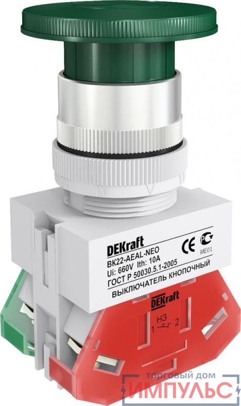 Выключатель кнопочный "Грибок" AEAL ВК-22 d22мм с фиксацией зел. DEKraft 25039DEK
