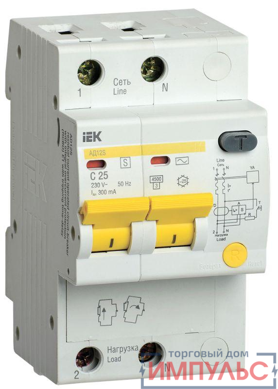 Выключатель автоматический дифференциального тока селективный 2п 25А 300мА тип AC АД12S IEK MAD13-2-025-C-300
