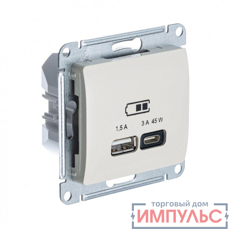 Розетка USB Glossa тип A+C 45Вт QC PD высокоскор. ЗУ механизм молоч. SE GSL000929