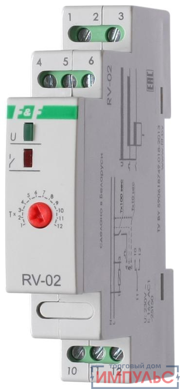 Реле времени RV-02 16А 1..120с 230В 1 перекл. IP20 задержка выключ. монтаж на DIN-рейке F&F EA02.001.008