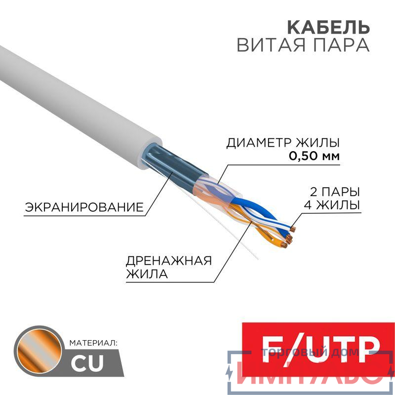 Кабель витая пара F/UTP кат.5e 2х2х24AWG solid PVC INDOOR сер. (м) Rexant 01-0122